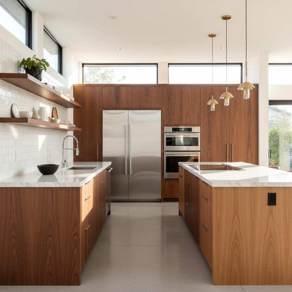 Upscale kitchen with integrated refrigerator and wall oven
