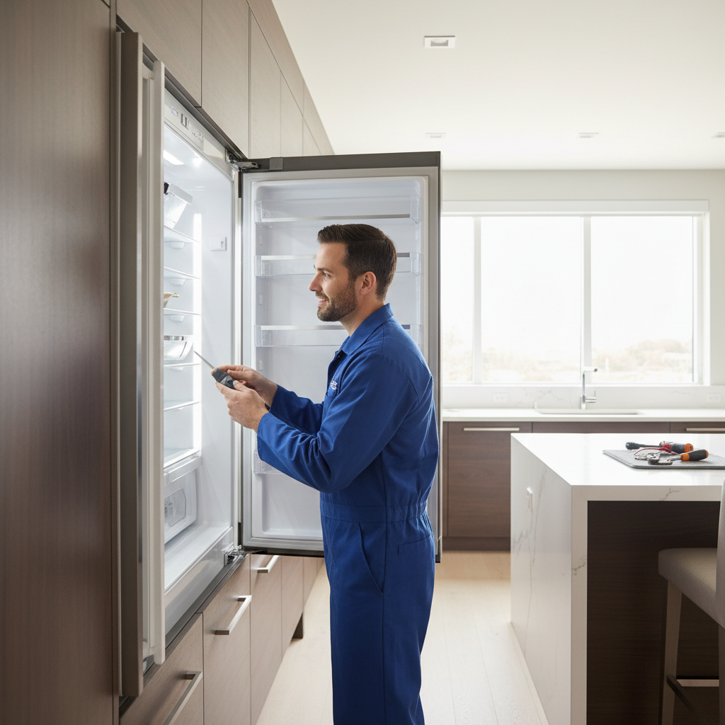 Professional appliance repair technician inspecting a built-in refrigerator